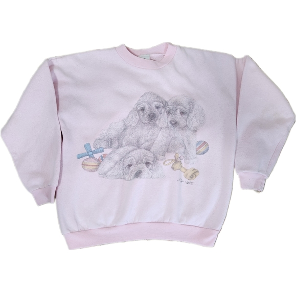 Vintage Pink Pullover Sweatshirt Puppies Playing Sun Drop Tag - Picture 1 of 4